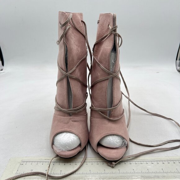 YDN Beige Peep Toe Faux Suede Ankle Booties Platform High Heels Lace Up Shoe - Picture 3 of 8